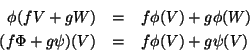\begin{eqnarray*}
\phi(fV+gW) & = & f\phi(V)+g\phi(W)\\
(f\Phi+g\psi)(V) & = & f\phi(V)+g\psi(V)
\end{eqnarray*}