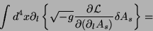 \begin{displaymath}
\int d^4x\partial_l\left\{\sqrt{-g}\frac{\partial
\mathcal{L}}{\partial(\partial_l A_{s})}\delta A_{s}\right\} =
\end{displaymath}